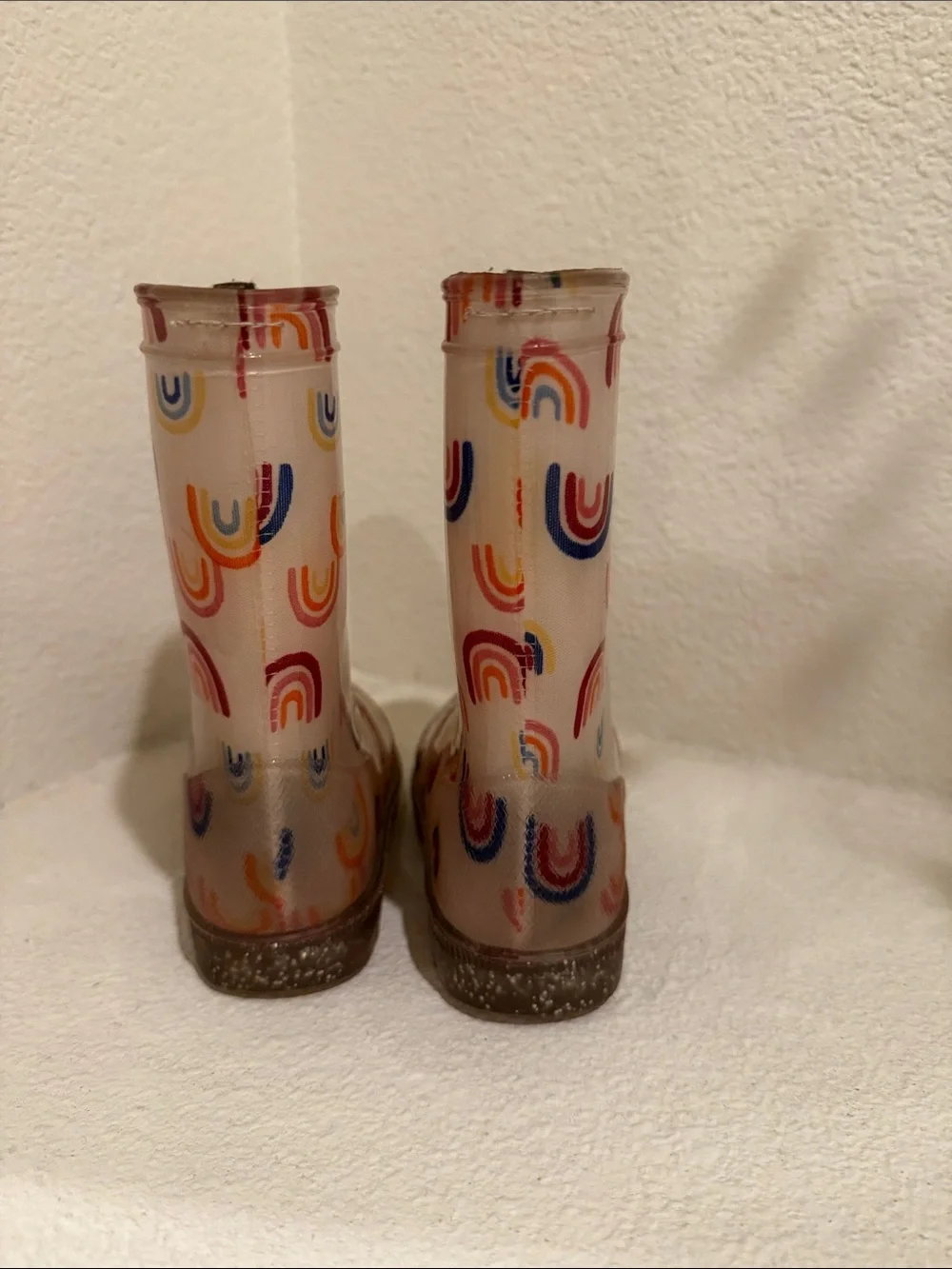 Kids Clear Pink Rain Boots with Rainbow Motif